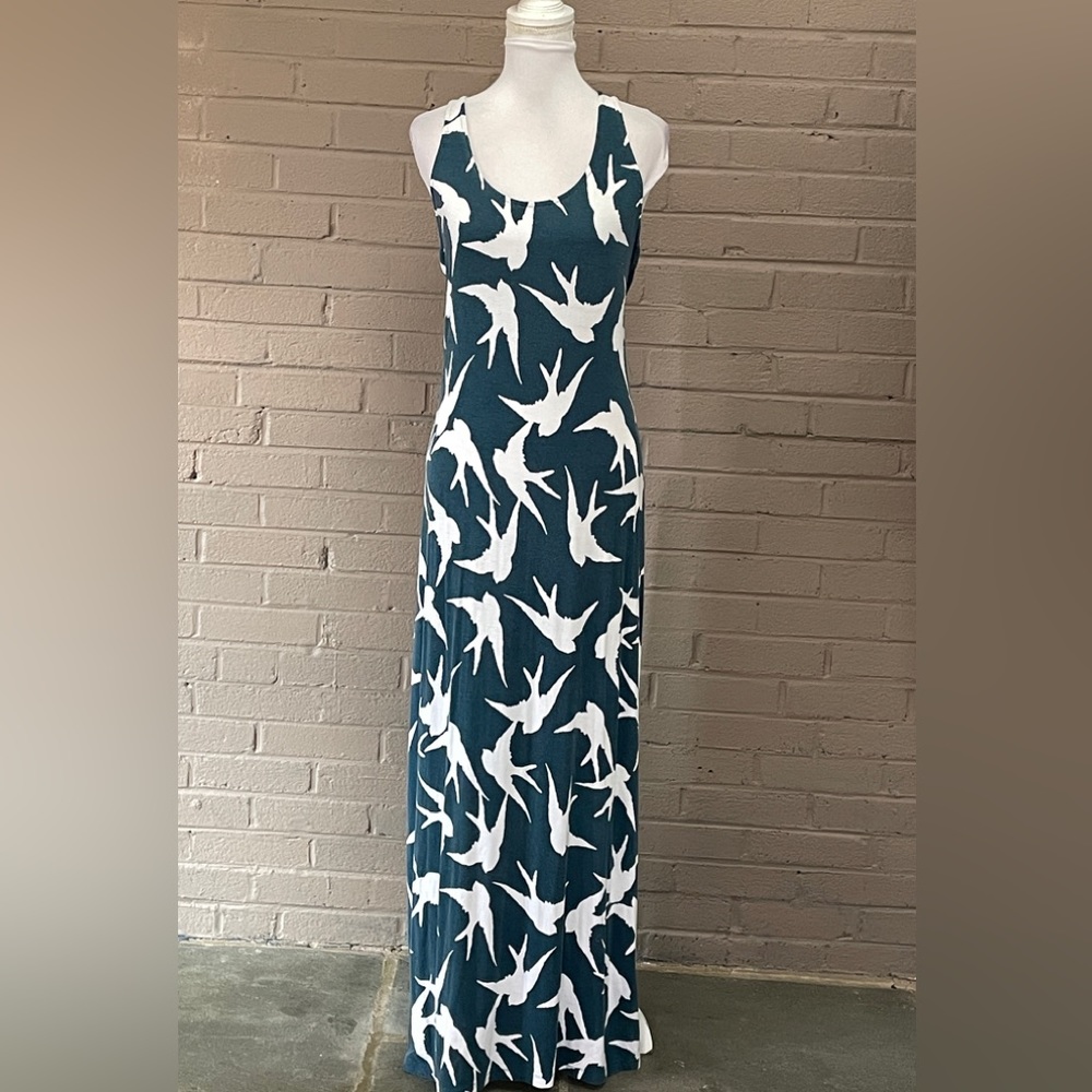LOFT Teal and White Bird Print Maxi Dress